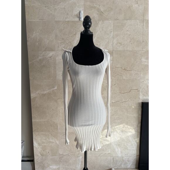 Reformation Vittoria Mini Dress Small Cream Ribbed Bodycon Collared Long Sleeve - Picture 6 of 11